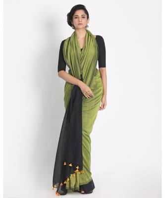 Olive Green Khadi Plain Tassel Saree for Parties & Celebrations 1