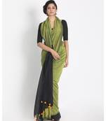 Light Lime  Khadi Handloom Saree With Black Pompom Pallu
