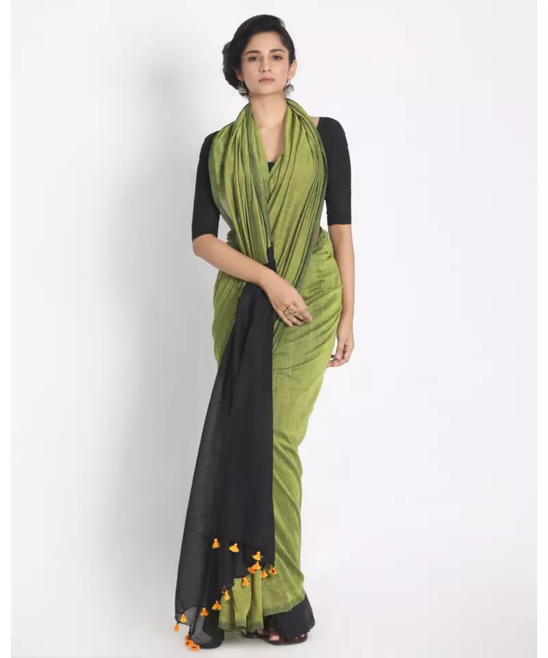 Light Lime  Khadi Handloom Saree With Black Pompom Pallu