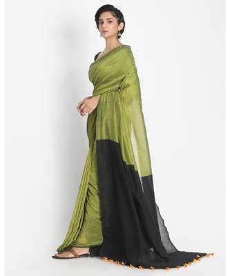 Olive Green Khadi Plain Tassel Saree for Parties & Celebrations 2
