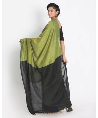 Olive Green Khadi Plain Tassel Saree for Parties & Celebrations 3