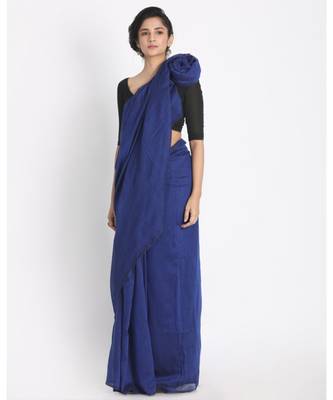 Blue Khadi Handloom Saree With Pompom Pallu 1