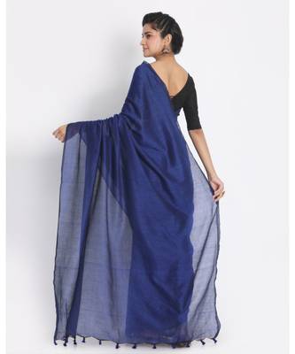 Blue Khadi Handloom Saree With Pompom Pallu 3
