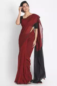 Rust Brick Khadi  Cotton Handloom Saree Pompom Black Pallu