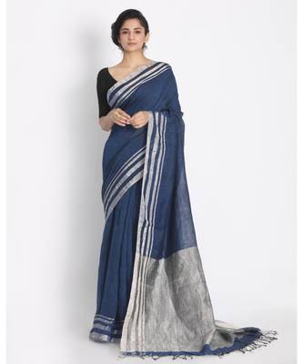 Silver Jori Border Blue Linen Saree Silver Jori Pallu 1