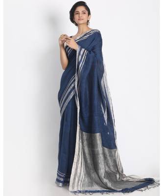 Silver Jori Border Blue Linen Saree Silver Jori Pallu 2