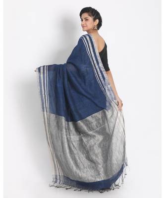 Silver Jori Border Blue Linen Saree Silver Jori Pallu 3