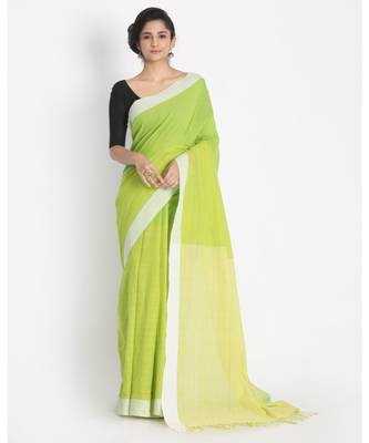 White Border Lime Khadi Cotton Saree Pallu Stripe 1