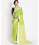 White Border Lime Khadi Cotton Saree Pallu Stripe
