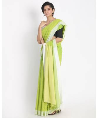 White Border Lime Khadi Cotton Saree Pallu Stripe 2