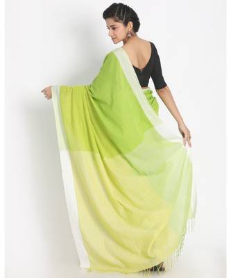 White Border Lime Khadi Cotton Saree Pallu Stripe 3