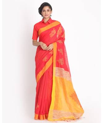 All Over Kantha Work Tamato Red Handloom Blended Cotton Saree 1
