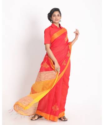 All Over Kantha Work Tamato Red Handloom Blended Cotton Saree 2