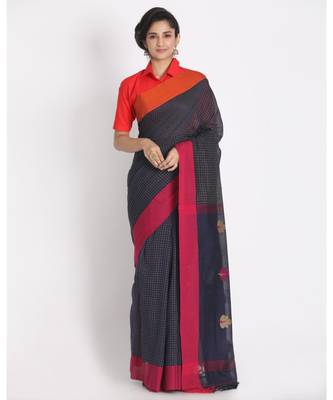All Over Ketha Work Navy Blue Handloom Saree 1