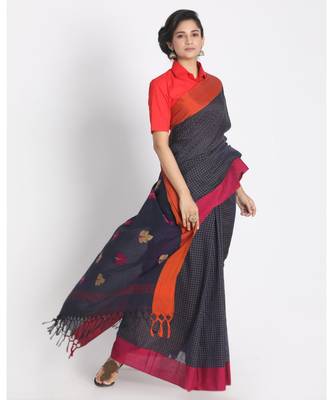 All Over Ketha Work Navy Blue Handloom Saree 2