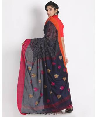 All Over Ketha Work Navy Blue Handloom Saree 3