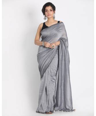 Silver Grey Khadi Cotton Handloom Saree With Pompom  Pallu 1