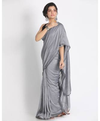 Silver Grey Khadi Cotton Handloom Saree With Pompom  Pallu 2