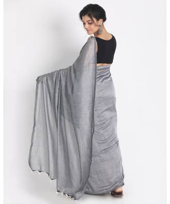 Silver Grey Khadi Cotton Handloom Saree With Pompom  Pallu 3