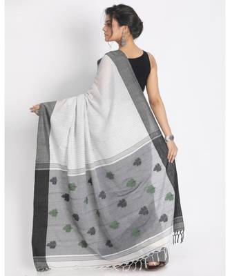 All Over Kantha Work Off White Handloom Cotton Saree Weaving  Leaves Work  Pallu 3