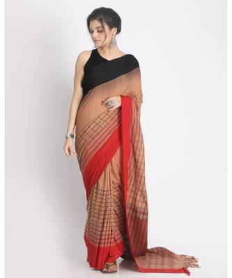 Ganga Jamuna Taitai Border Peach Handloom Cotton saree Jekhard Work Pallu 1