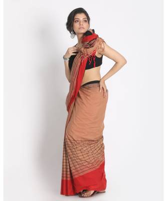 Ganga Jamuna Taitai Border Peach Handloom Cotton saree Jekhard Work Pallu 2