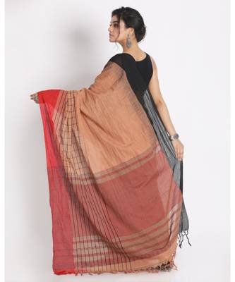 Ganga Jamuna Taitai Border Peach Handloom Cotton saree Jekhard Work Pallu 3