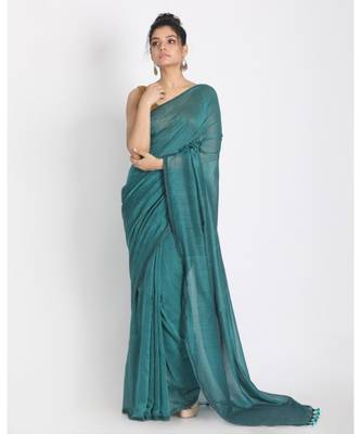 Baby Blue Khadi Cotton Handloom Saree With Pompom  Pallu 1