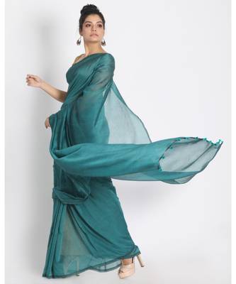 Baby Blue Khadi Cotton Handloom Saree With Pompom  Pallu 2