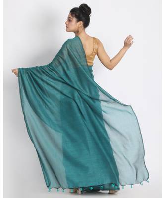 Baby Blue Khadi Cotton Handloom Saree With Pompom  Pallu 3