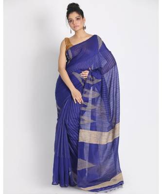 Gheecha Weaving Kantha Work Dark Blue Handloom Blended Cotton Saree 1