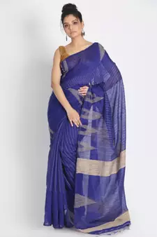 Gheecha Weaving Kantha Work Dark Blue Handloom Blended Cotton Saree