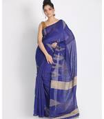 Gheecha Weaving Kantha Work Dark Blue Handloom Blended Cotton Saree