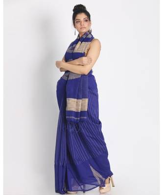 Gheecha Weaving Kantha Work Dark Blue Handloom Blended Cotton Saree 2