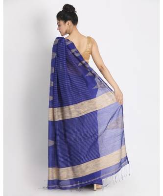 Gheecha Weaving Kantha Work Dark Blue Handloom Blended Cotton Saree 3