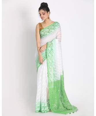 White Jecquard Jamdani Saree Without Blouse 1