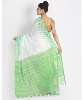 White Jecquard Jamdani Saree Without Blouse 3