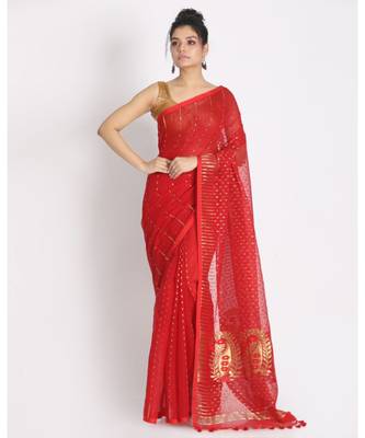 Red Jecquard Jamdani Saree Without Blouse 1