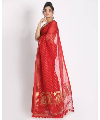 Red Jecquard Jamdani Saree Without Blouse 2