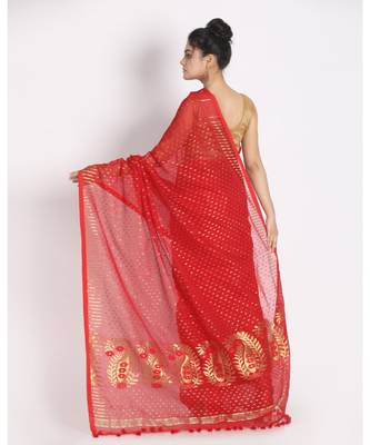 Red Jecquard Jamdani Saree Without Blouse 3