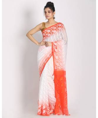 White Jecquard Dhakai nJamdani Saree 1