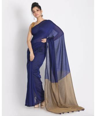 Blue  Khadi Cotton Handloom Saree Pompom Beige Pallu 1