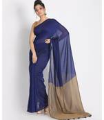 Blue  Khadi Cotton Handloom Saree Pompom Beige Pallu