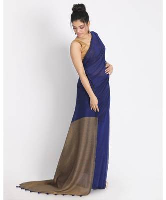 Blue  Khadi Cotton Handloom Saree Pompom Beige Pallu 2