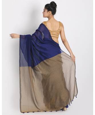 Blue  Khadi Cotton Handloom Saree Pompom Beige Pallu 3