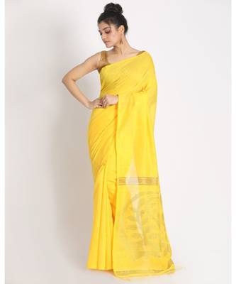 Dark Yellow Sequence Handloom Blended Cotton Saree 1