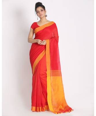 All Over Katha Work Red Handloom Blended Cotton Saree 1