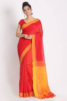 All Over Katha Work Red Handloom Blended Cotton Saree