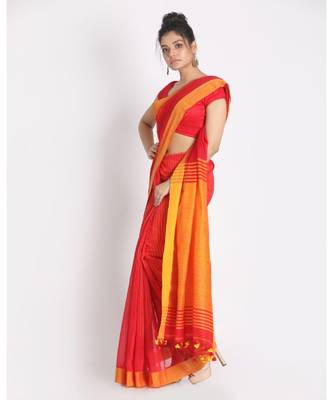 All Over Katha Work Red Handloom Blended Cotton Saree 2