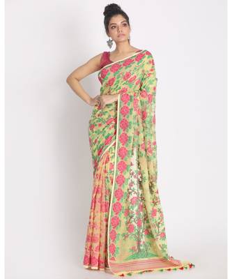 Green Yellow Jecquard Jamdani Saree Without Blouse 1